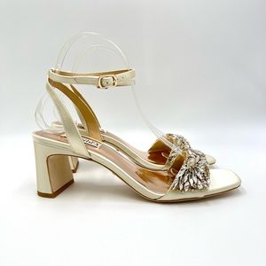 Badgley Mischka Size 7.5 Marsha Ivory Satin Jeweled Dress Sandals Heels Shoes‎